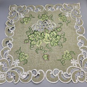 Lat Embroidered Green Leaf on Antique Green Fabric Doily/Table Centerpiece